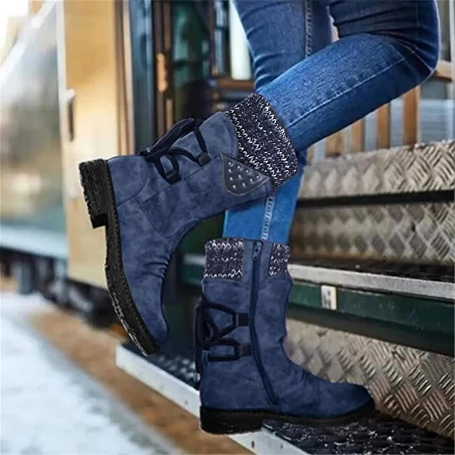 Lausiuoe Boots For Women Low Heel Sexy Western Cowboy Pointed Toe Knee High Cowgirl Wide Calf Fashion Chunky Booties