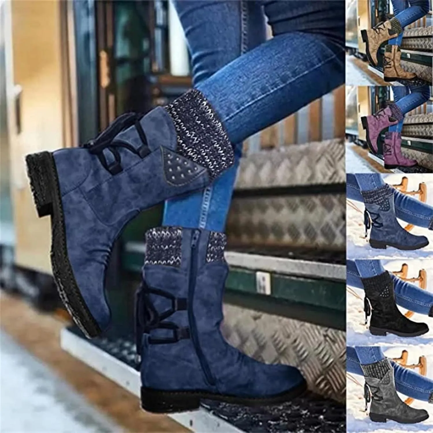 Lausiuoe Boots For Women Low Heel Sexy Western Cowboy Pointed Toe Knee High Cowgirl Wide Calf Fashion Chunky Booties