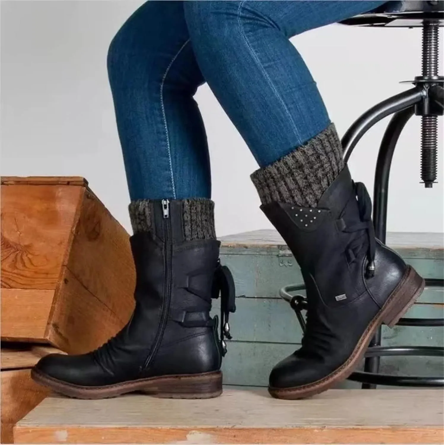 Lausiuoe Boots For Women Low Heel Sexy Western Cowboy Pointed Toe Knee High Cowgirl Wide Calf Fashion Chunky Booties