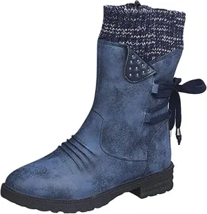Lausiuoe Boots For Women Low Heel Sexy Western Cowboy Pointed Toe Knee High Cowgirl Wide Calf Fashion Chunky Booties