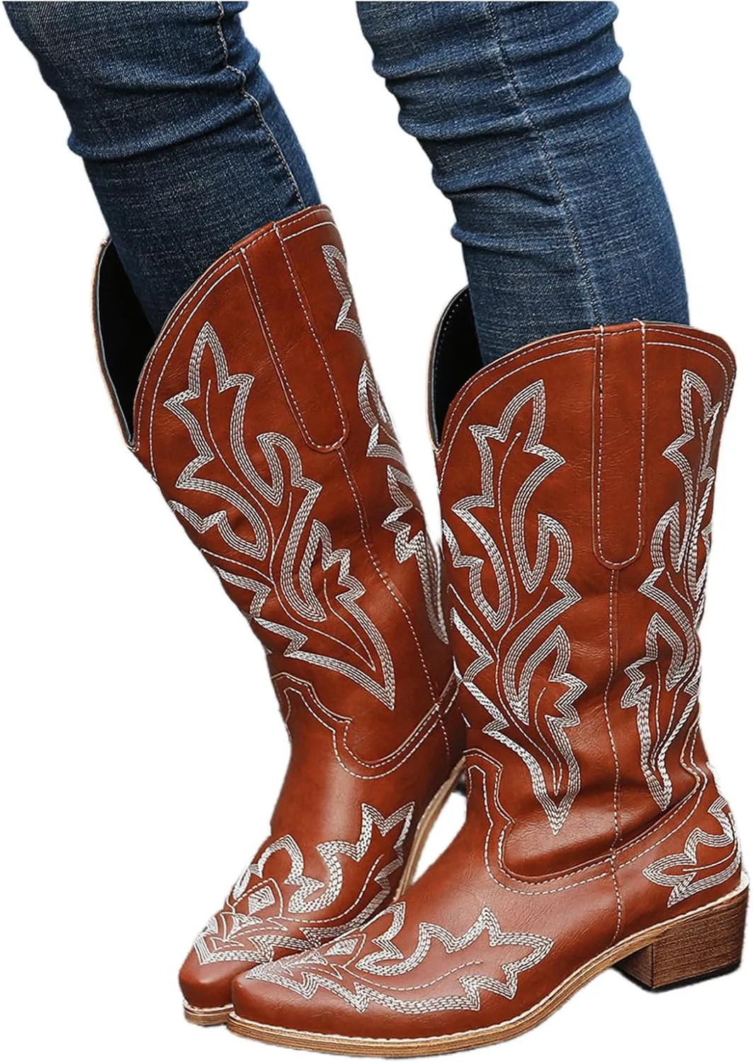 Lausiuoe Cowboy Boots For Women Wide Calf Wide Foot Embroidered Western Boots Knee High Chunky Heel Cowgirl Style Boot