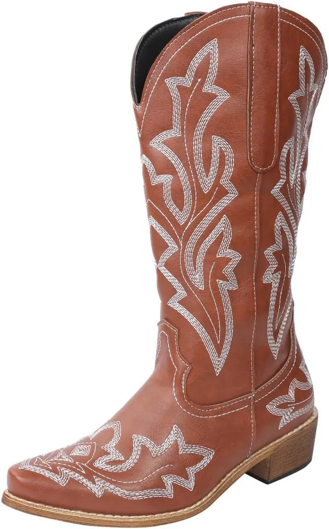 Lausiuoe Cowboy Boots For Women Wide Calf Wide Foot Embroidered Western Boots Knee High Chunky Heel Cowgirl Style Boot