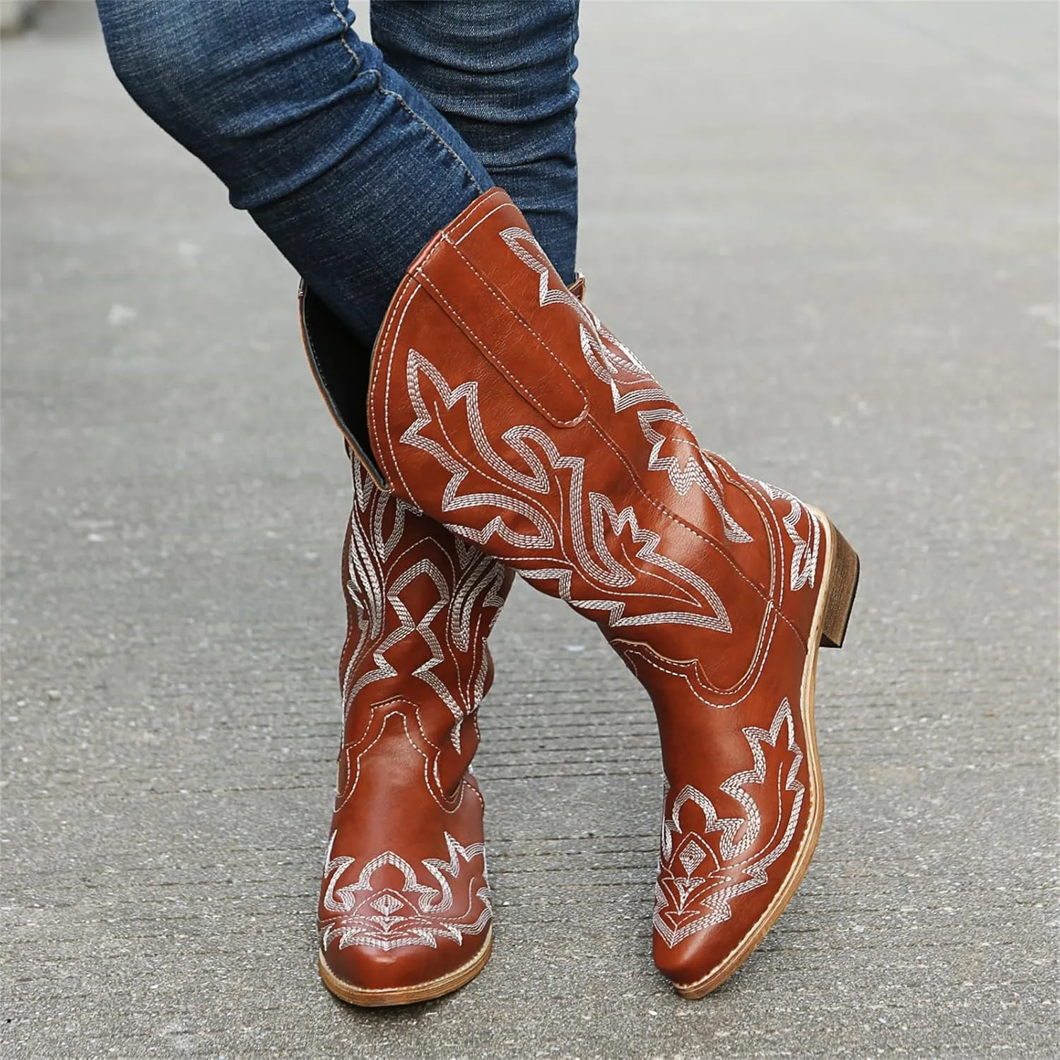 Lausiuoe Cowboy Boots For Women Wide Calf Wide Foot Embroidered Western Boots Knee High Chunky Heel Cowgirl Style Boot