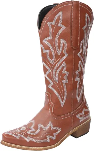 Lausiuoe Cowboy Boots For Women Wide Calf Wide Foot Embroidered Western Boots Knee High Chunky Heel Cowgirl Style Boot