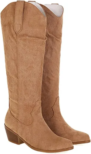 Lausiuoe Cowboy Boots For Women Wide Calf Wide Foot Knee High Western Cowgirl Style Embroidered Chunky Heel Fashion Boot