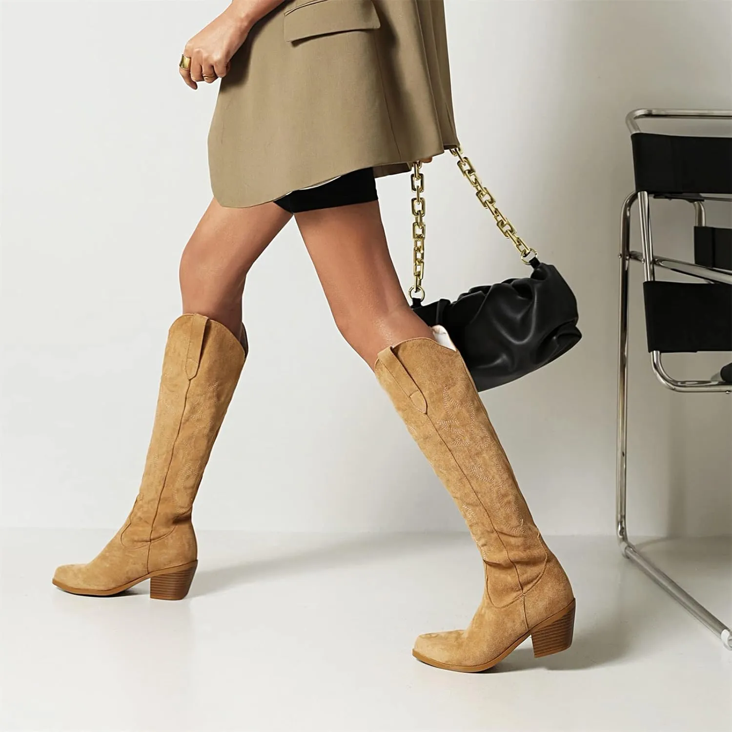 Lausiuoe Cowboy Boots For Women Wide Calf Wide Foot Knee High Western Cowgirl Style Embroidered Chunky Heel Fashion Boot
