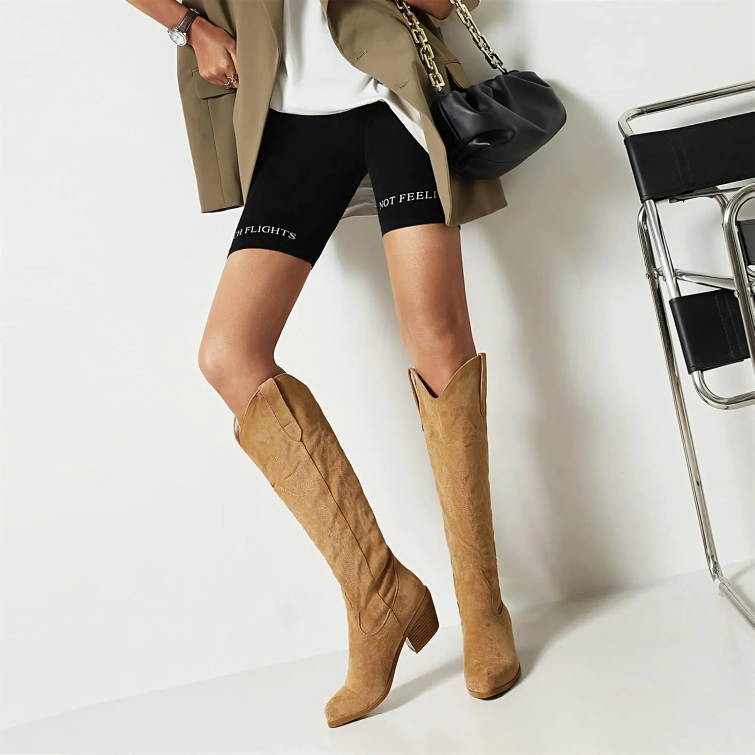 Lausiuoe Cowboy Boots For Women Wide Calf Wide Foot Knee High Western Cowgirl Style Embroidered Chunky Heel Fashion Boot