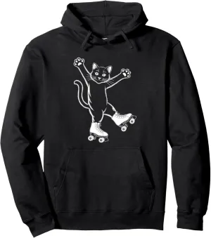 Line Art Realistic Cat in Roller Skate Shoes Roller Skating Pullover Hoodie