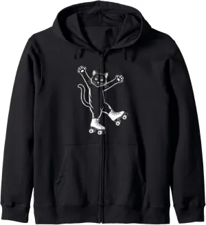 Line Art Realistic Cat in Roller Skate Shoes Roller Skating Zip Hoodie