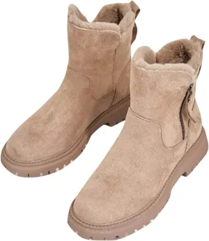 Lug Sole Ankle Boots for Women Fur Lined Snow Booties Zipper Walking Boot Winter Warm Platform Chelsea Bootie Shoes