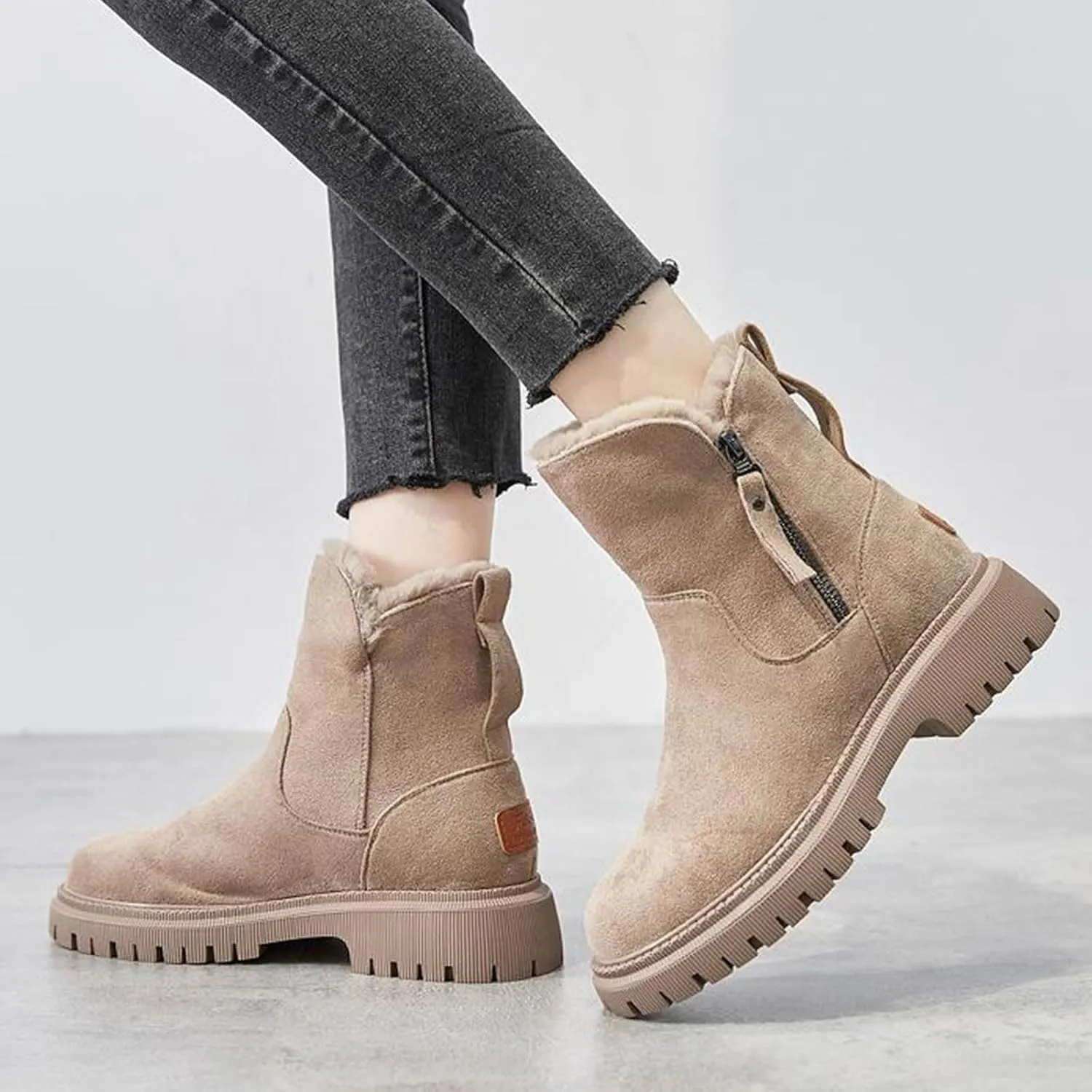Lug Sole Ankle Boots for Women Fur Lined Snow Booties Zipper Walking Boot Winter Warm Platform Chelsea Bootie Shoes