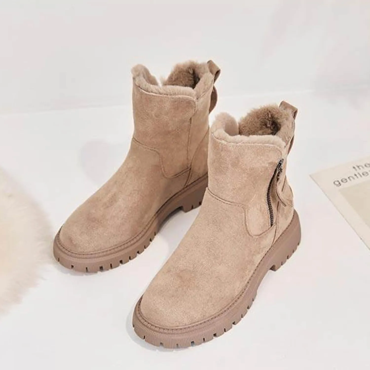 Lug Sole Ankle Boots for Women Fur Lined Snow Booties Zipper Walking Boot Winter Warm Platform Chelsea Bootie Shoes
