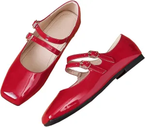 LUXINYU Mary Jane Flats for Women Dressy Retro Square Toe Ankle Strap Ballet Flats Comfortable Patent Leather Shoes