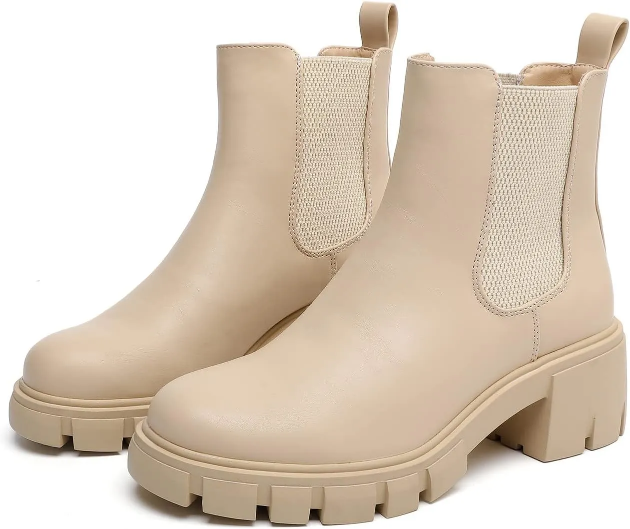 MEMON Women's Chelsea Boots,Casual Chunky Heel Slip on Elastic Ankle Booties,Black Booties For Women Low Heel,Combat Booties