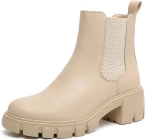 MEMON Women's Chelsea Boots,Casual Chunky Heel Slip on Elastic Ankle Booties,Black Booties For Women Low Heel,Combat Booties