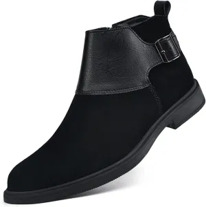 Men's Genuine Leather Buckle Dress Chelsea Boots with Side Zipper Fashion Pointed Toe Waterproof Non-Slip Casual Business Formal Booties