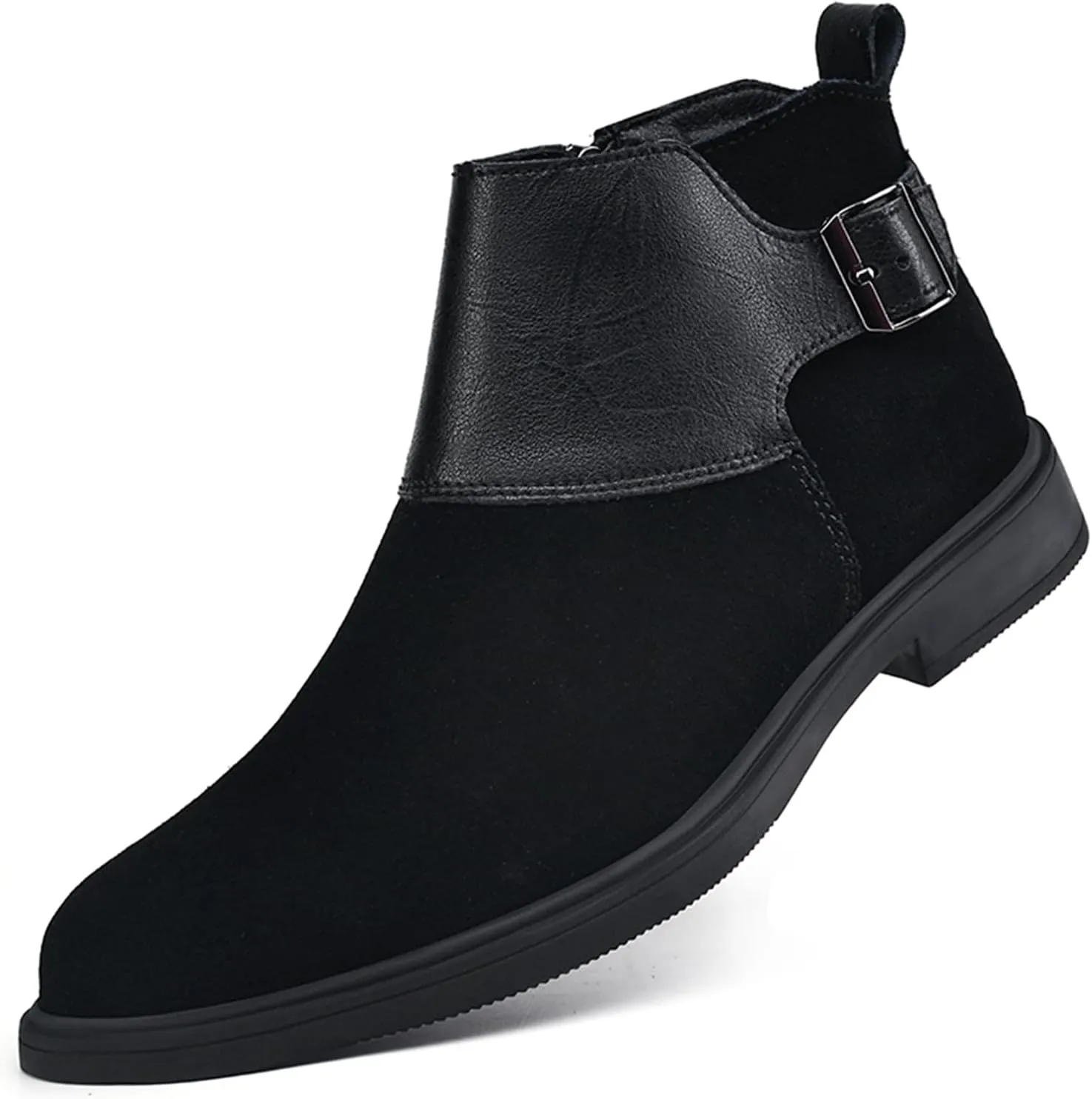 Men's Genuine Leather Buckle Dress Chelsea Boots with Side Zipper Fashion Pointed Toe Waterproof Non-Slip Casual Business Formal Booties