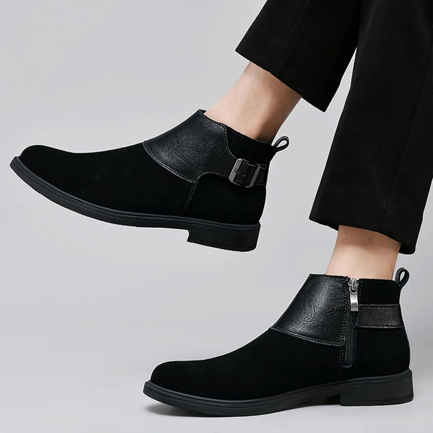 Men's Genuine Leather Buckle Dress Chelsea Boots with Side Zipper Fashion Pointed Toe Waterproof Non-Slip Casual Business Formal Booties