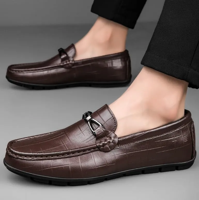 Men's Genuine Leather Slip-On Oxfords Mens Comfort Wide Round Toe Non-Slip Dress Shoes