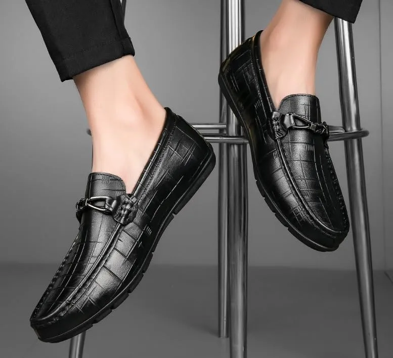 Men's Genuine Leather Slip-On Oxfords Mens Comfort Wide Round Toe Non-Slip Dress Shoes