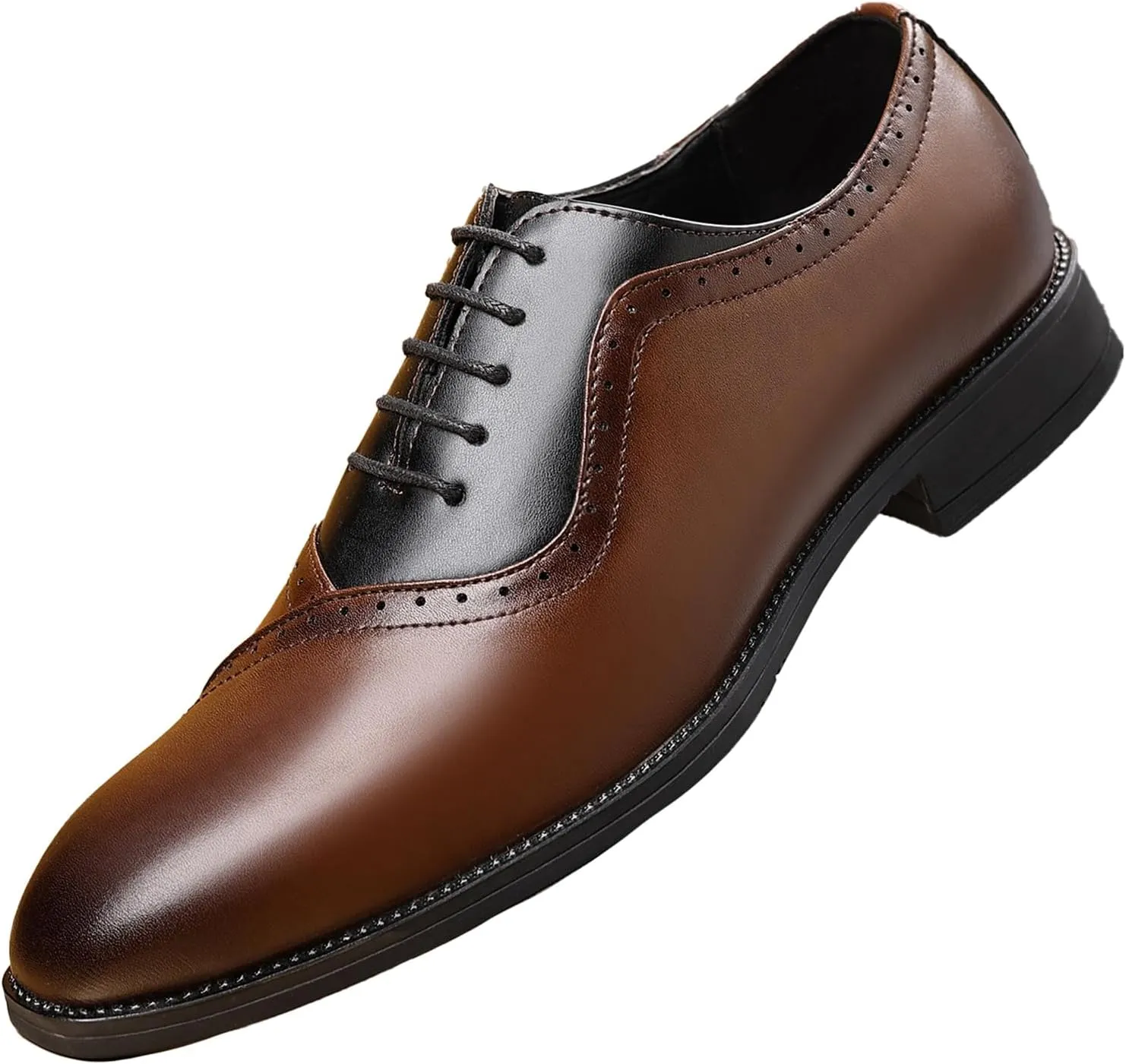 Men's Leather Patchwork Two Tone Dress Oxfords Shoes Fashion Carved Cap-Toe Lace up Low Top Derby Shoes Casual Business Office Wedding Formal Shoes