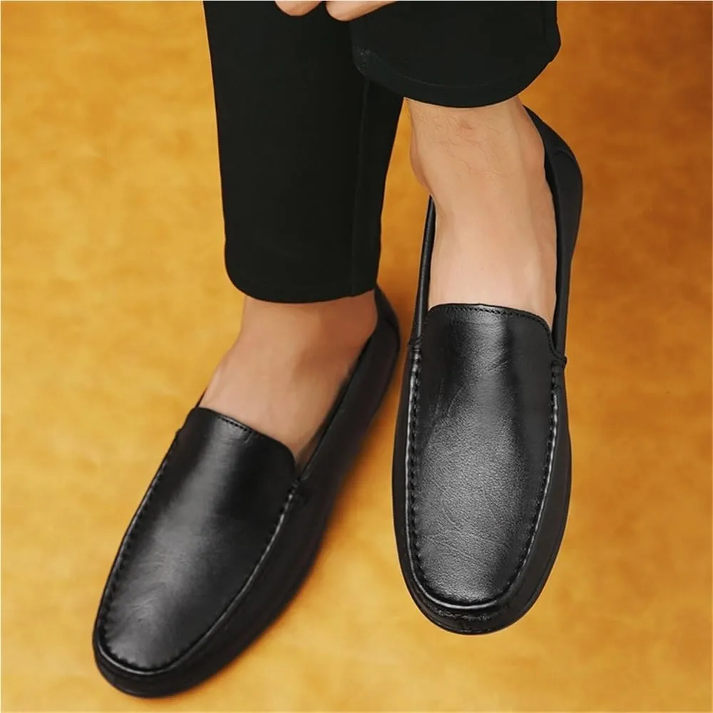 Mens Loafers Leather Solid Color Driving Loafers Comfortable Flat Heel Anti-Slip Classic Slip-ons