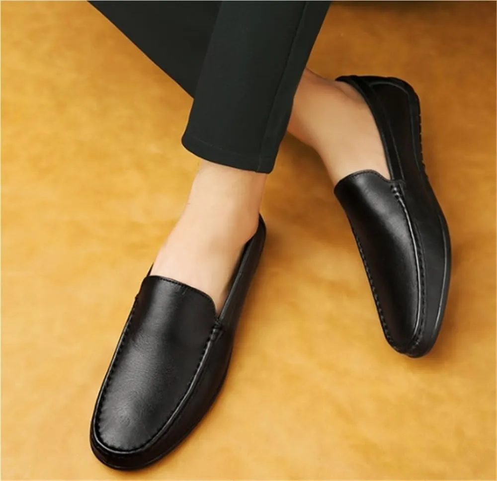 Mens Loafers Leather Solid Color Driving Loafers Comfortable Flat Heel Anti-Slip Classic Slip-ons