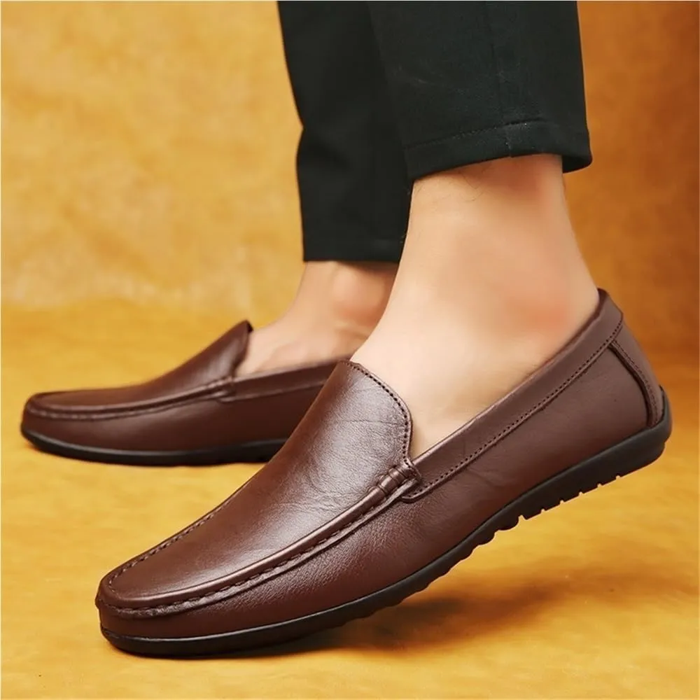 Mens Loafers Leather Solid Color Driving Loafers Comfortable Flat Heel Anti-Slip Classic Slip-ons