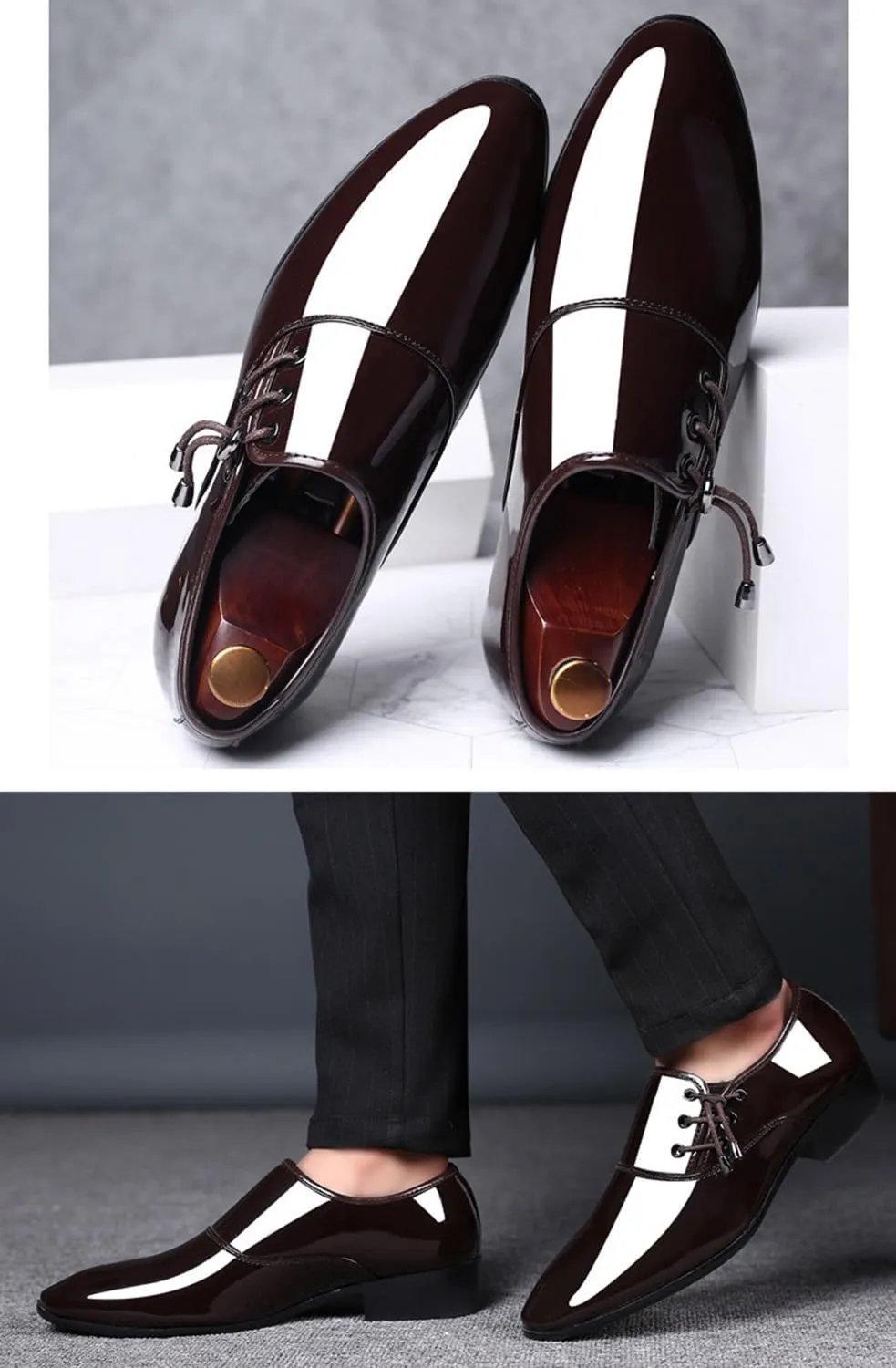 Mens Loafers Shiny Patent Leather Shoes Fashion Lace-ups Formal Business Wedding Dress Shoes Comfort Driving Shoes