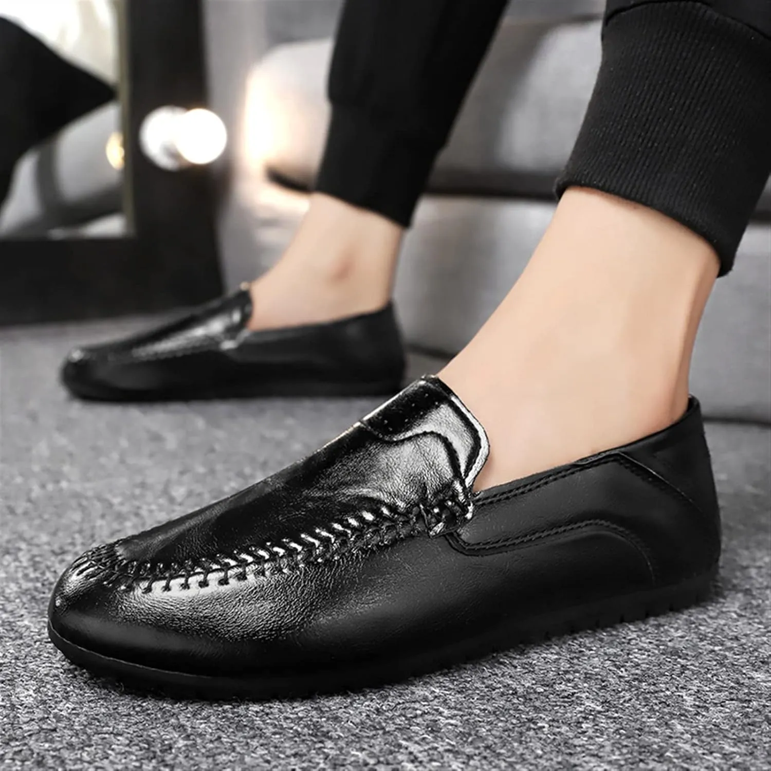 Mens Loafers Shoe PU Stitching Details Round Toe Comfortable Lightweight Anti-Slip Prom Slip-ons