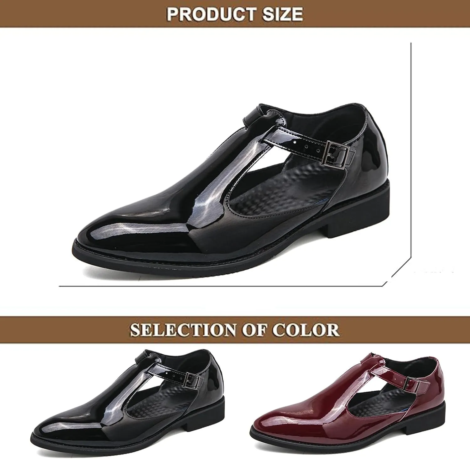 Men's Patent Leather Cutout Low Heel Business Dress Shoes Comfortable Breathable Closed Toe Buckle Slip-On Formal Oxfords Fashion Modern Wedding Office Work Tuxedo Derby Shoes