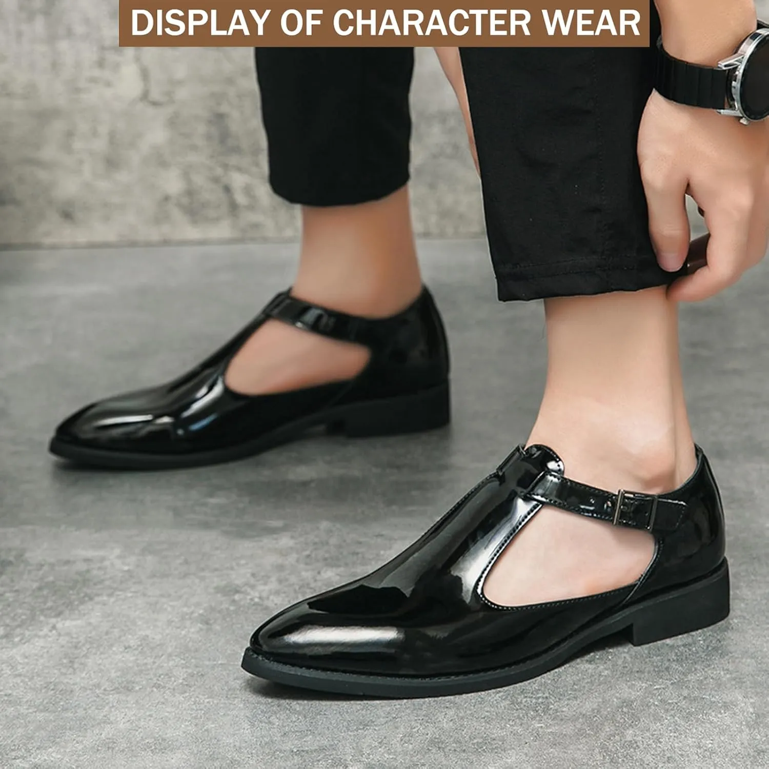 Men's Patent Leather Cutout Low Heel Business Dress Shoes Comfortable Breathable Closed Toe Buckle Slip-On Formal Oxfords Fashion Modern Wedding Office Work Tuxedo Derby Shoes