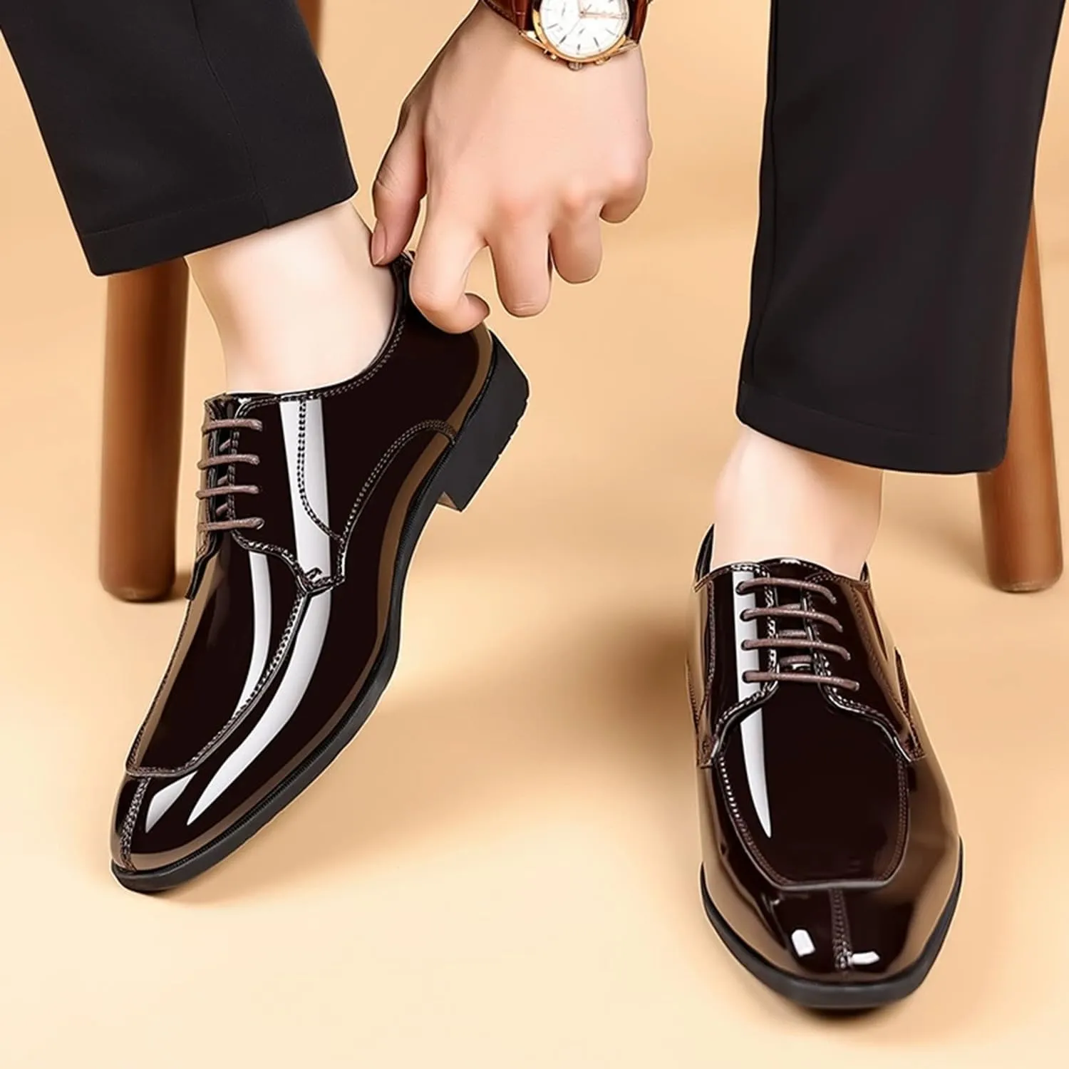 Men's Patent Leather Derbys Lace Up Formal Dress Shoes Comfortable Wedding Shoes for Men