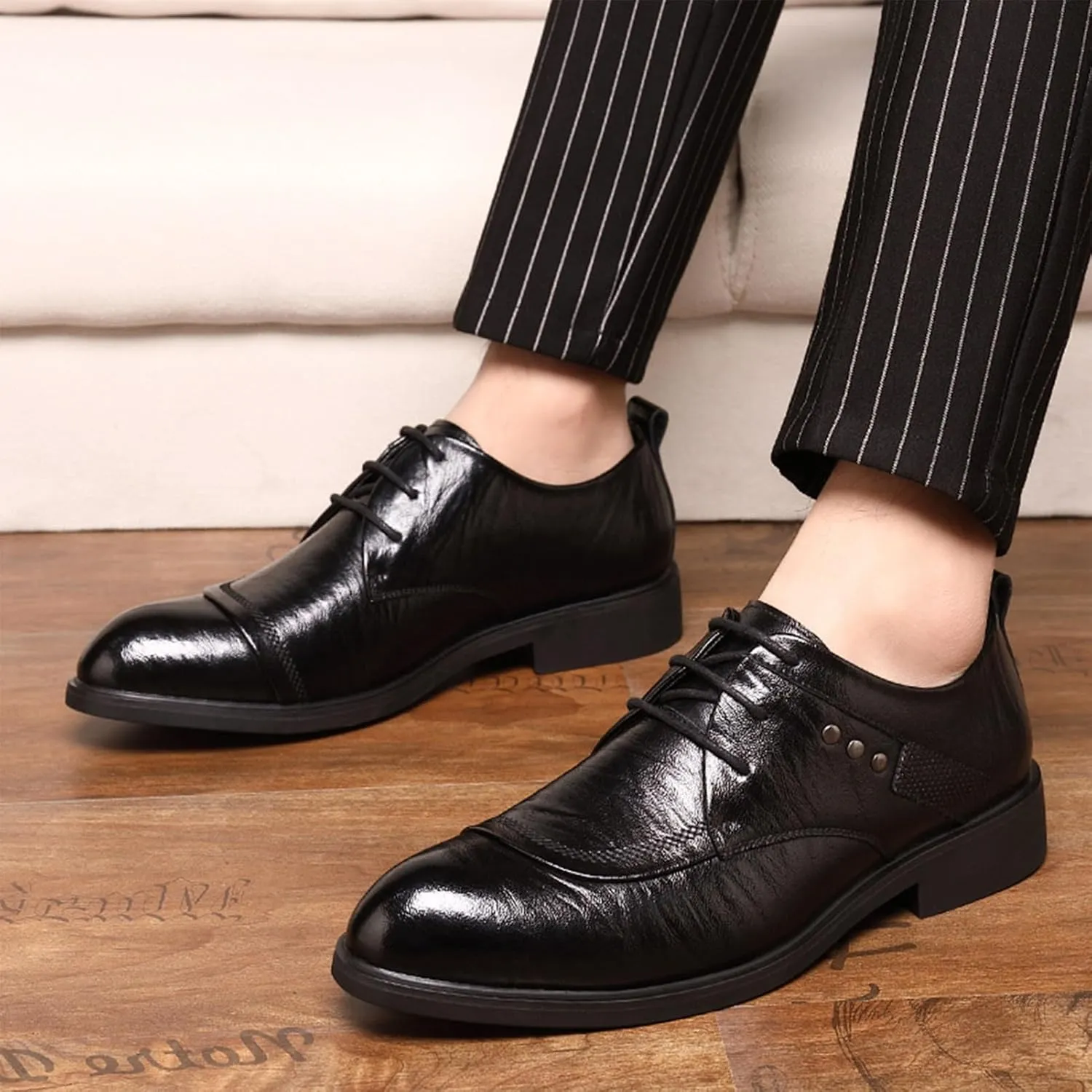 Men's Polishing Leather Lace-Up Chunky Heels Oxfords Lug Sole Shoes Casual Business Oxford Derby Leather Shoes Comfortable Formal Dress Sneaker Lace-up Dress Shoes