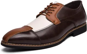 Mens Two Tone Lace Up Oxfords Shoes Fashion Patchwork Multicolor Carved Leather Low Heels Square Toe Dress Shoes Vintage Wing Tips Hand Stitched Colorblock Business Formal Derby Shoes for Men