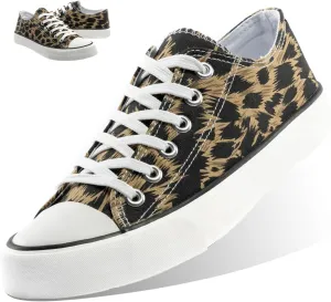 Men's Women's Canvas Sneakers Comfortable Low Top Lace Up Canvas Shoes Breathable Non Slip Sports Shoes Leopard Black 8 Women/7 Men