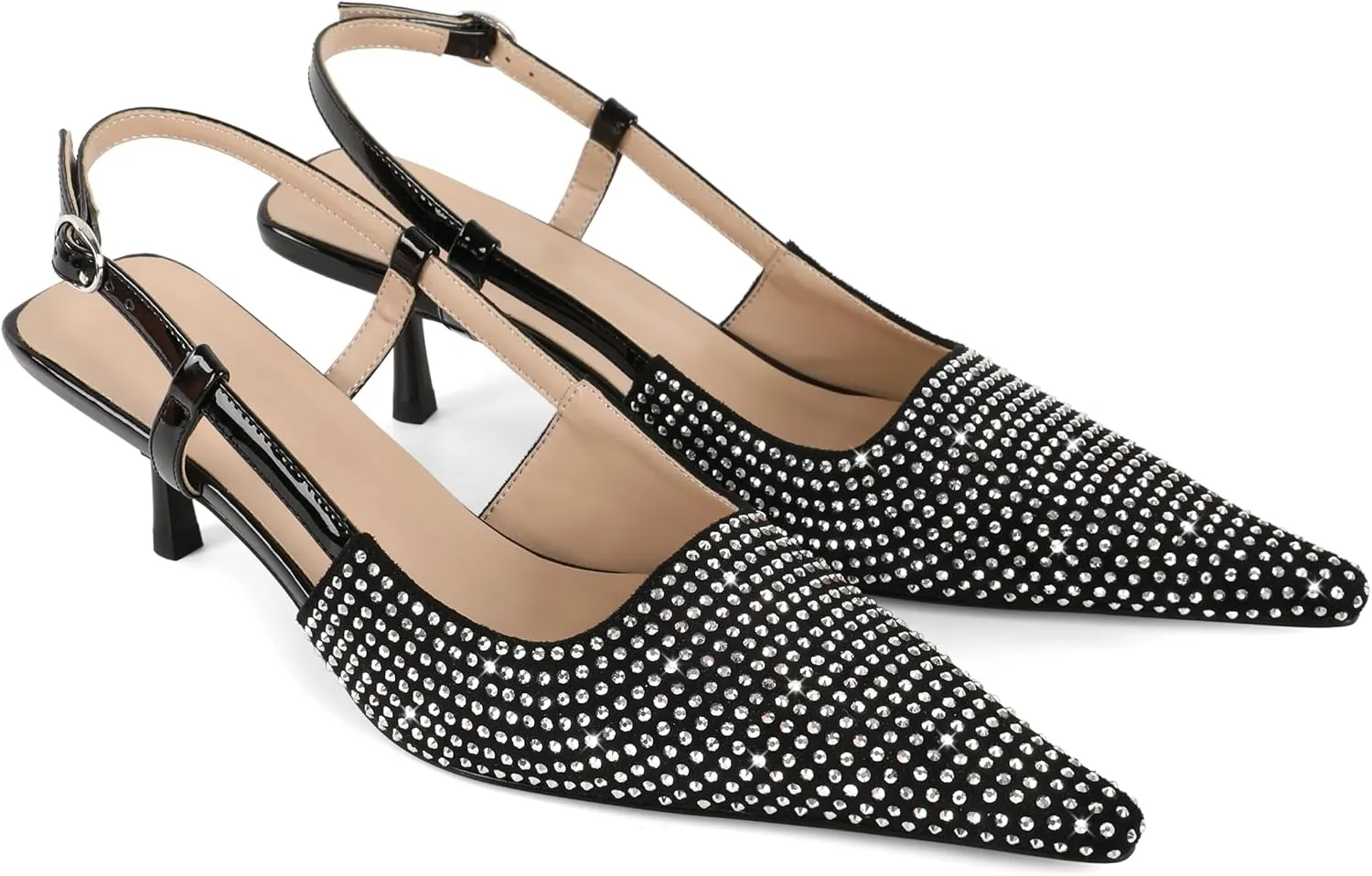 Mettesally Womens Slingback Kitten Heels Low Heel Pumps Pointed Toe Glitter Rhinestone Heels Comfort Evening Shoes 2 Inches