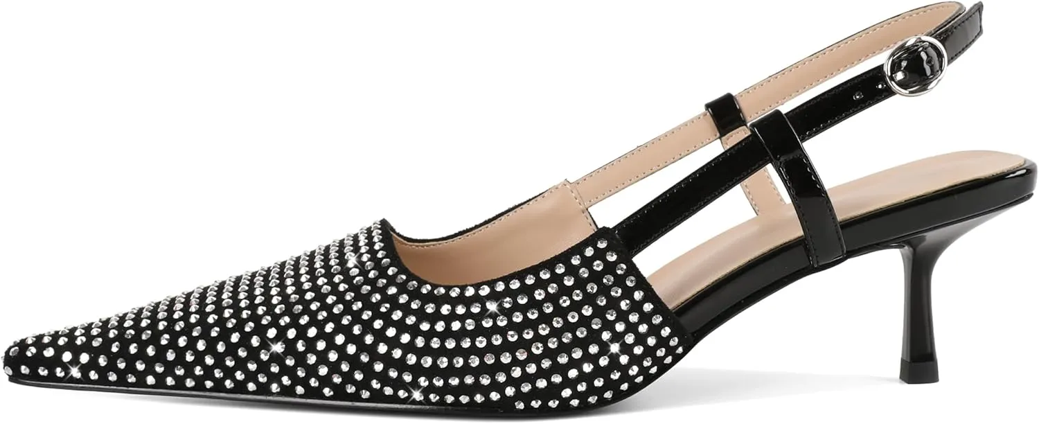 Mettesally Womens Slingback Kitten Heels Low Heel Pumps Pointed Toe Glitter Rhinestone Heels Comfort Evening Shoes 2 Inches