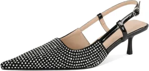 Mettesally Womens Slingback Kitten Heels Low Heel Pumps Pointed Toe Glitter Rhinestone Heels Comfort Evening Shoes 2 Inches