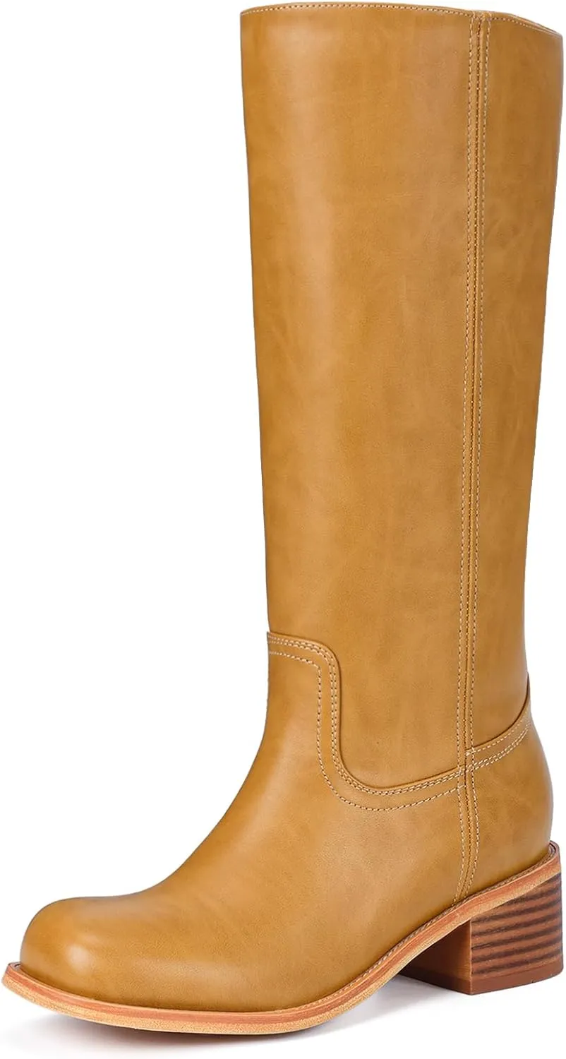 Mid Calf Boots for Women - Banana Square Toe Chunky Block Heel Calf High Boots, Comfortable Low Heel Pull On Spring Fall, Fashion Style for Dating, Dressy Everyday Chic