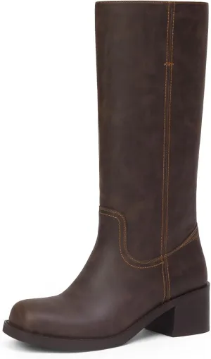 Mid Calf Boots for Women Chunky Block Heel Womens Tall Boots Square Toe Comfortable Casual Boots Low Heel Trendy Stylish Boots
