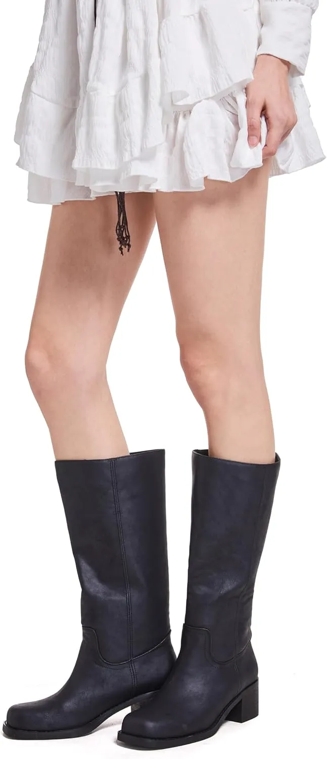 Mid Calf Boots for Women Chunky Block Heel Womens Tall Boots Square Toe Comfortable Casual Boots Low Heel Trendy Stylish Boots