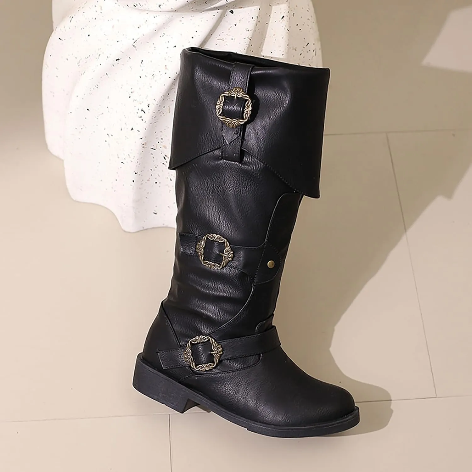 Mid Calf Boots for Women Vintage Foldover Pirate Costume Boots Goth Buckle Strap Leather Boots Stylish Cosplay Shoes