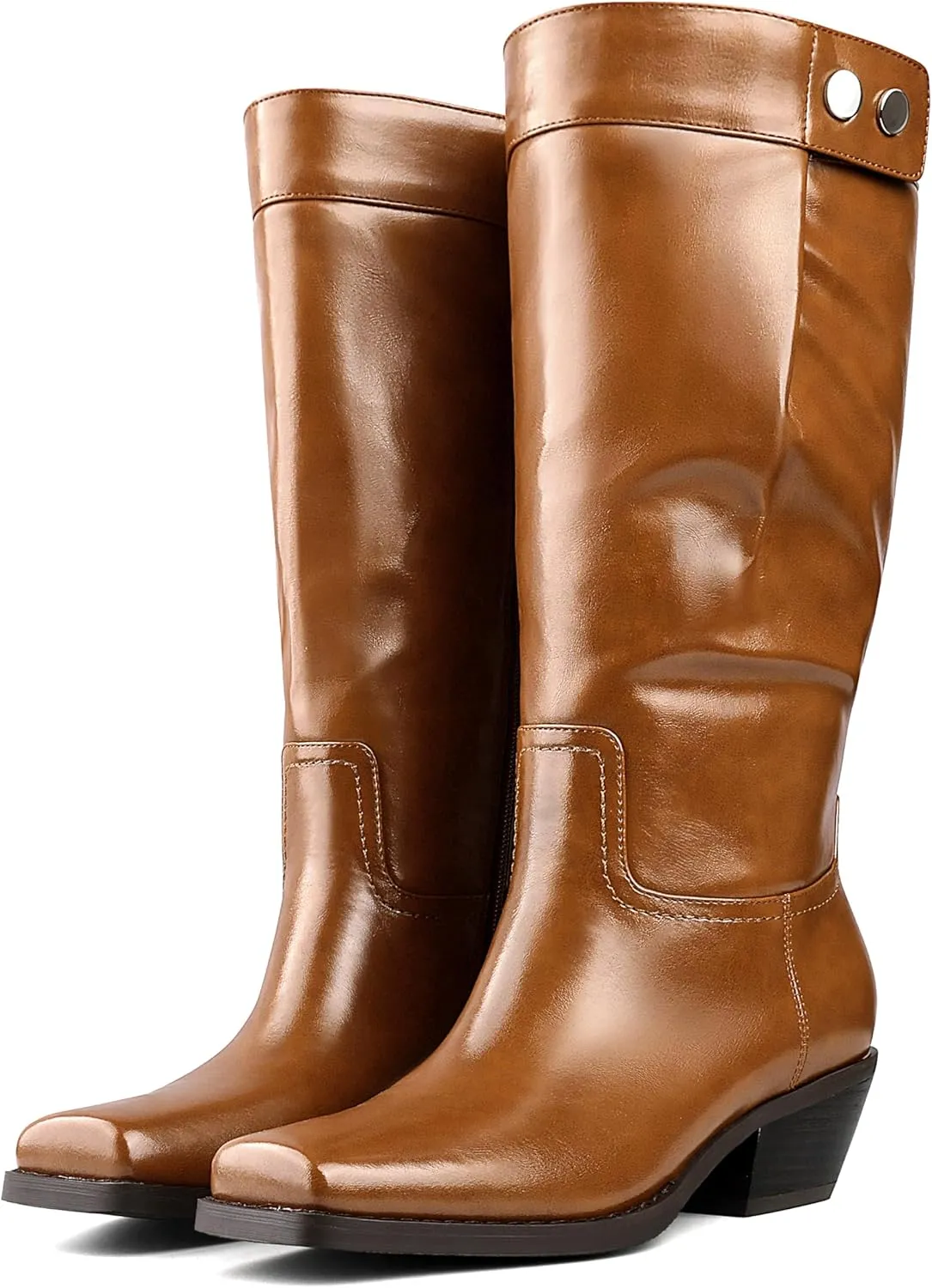 Mid Calf Women's Square Toe Western Cowboy Biker Boots Low Heel