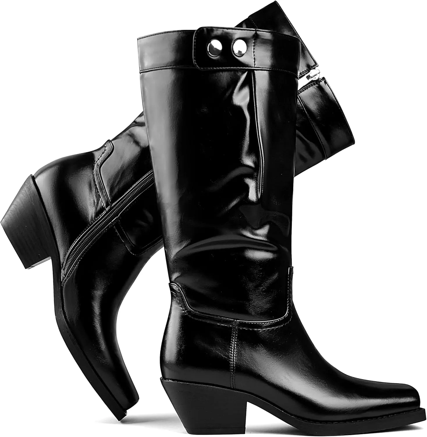 Mid Calf Women's Square Toe Western Cowboy Biker Boots Low Heel