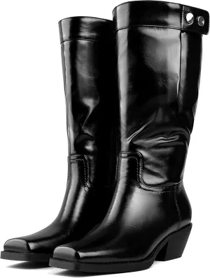 Mid Calf Women's Square Toe Western Cowboy Biker Boots Low Heel