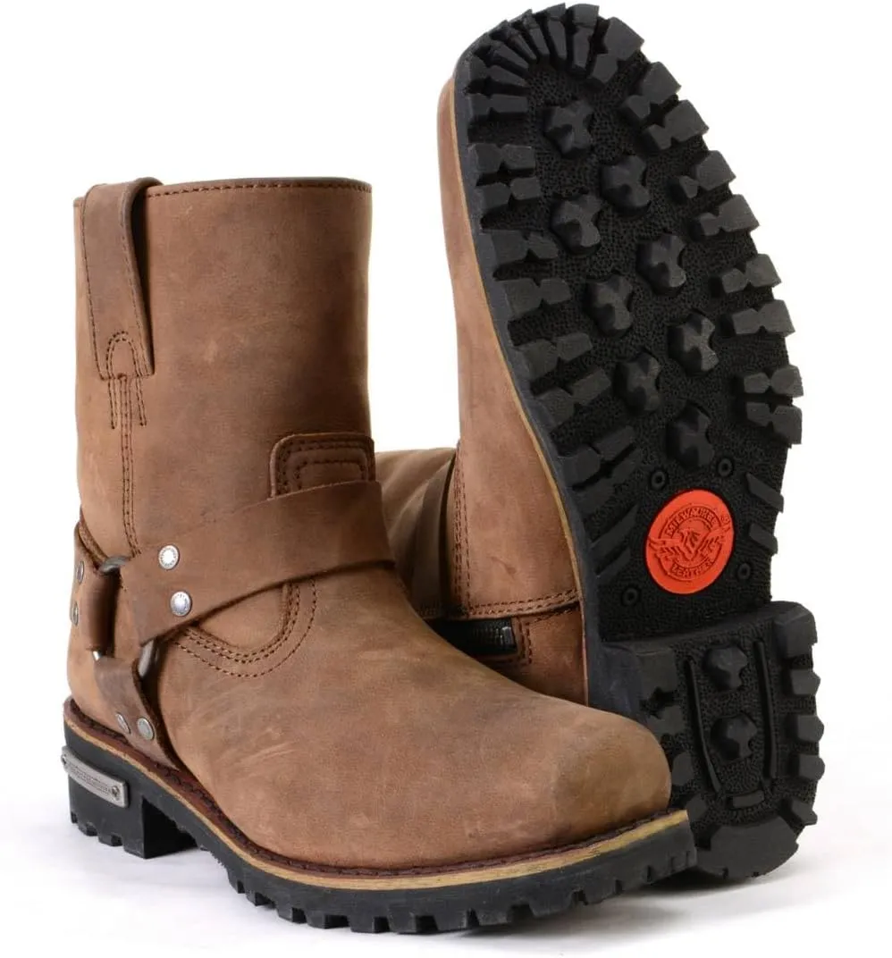 Milwaukee Leather MBL9353 Womens Crazy Horse Brown Leather Motorcycle Rider Short Harness Boots