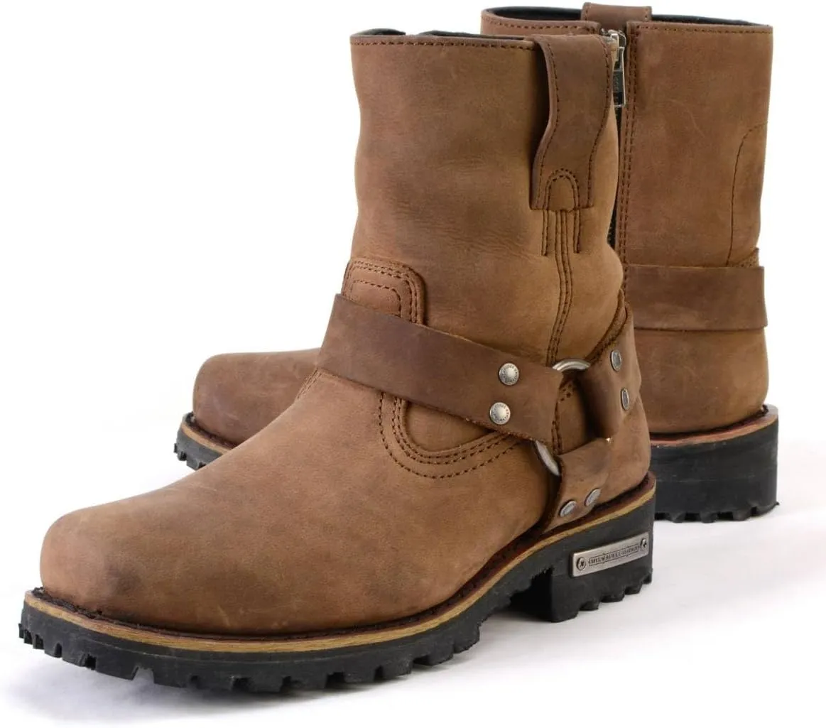 Milwaukee Leather MBL9353 Womens Crazy Horse Brown Leather Motorcycle Rider Short Harness Boots