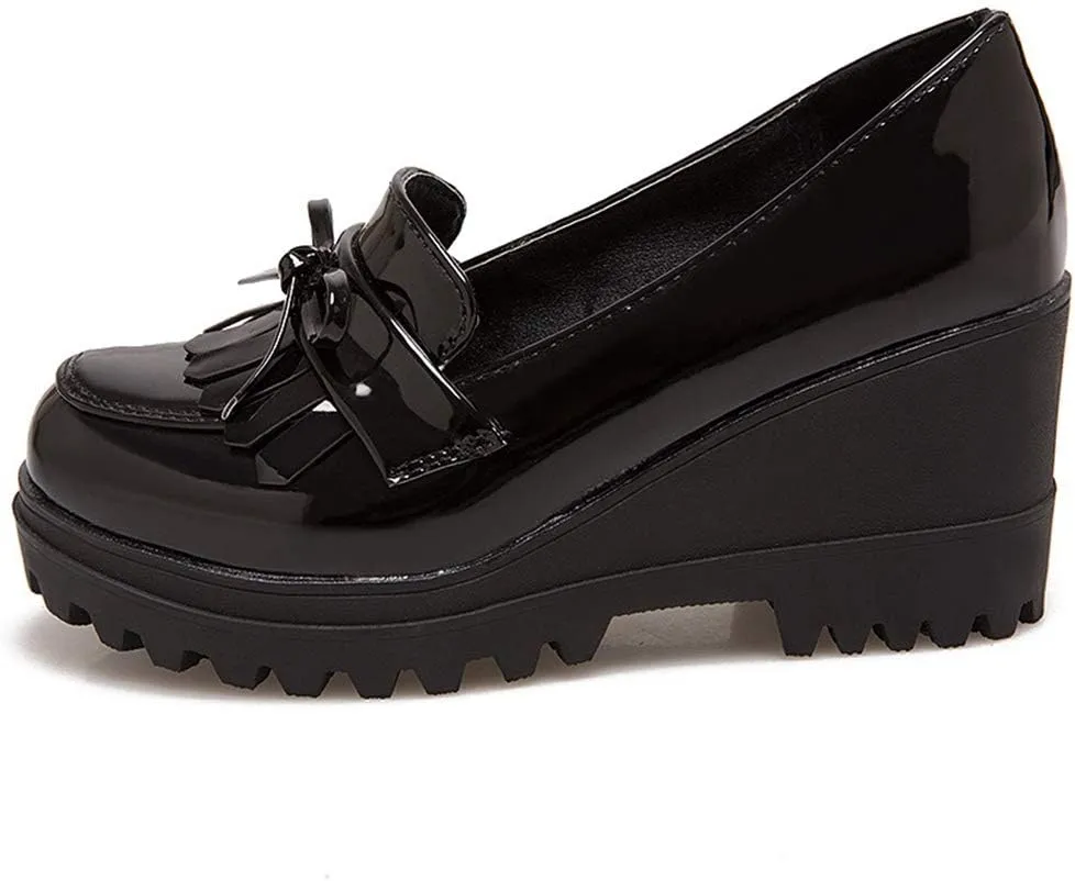 MIOKE Women's Platform Tassel Oxford Shoes Slip On Comfortable Chunky High Heel Fringed Dress Wedge Shoe