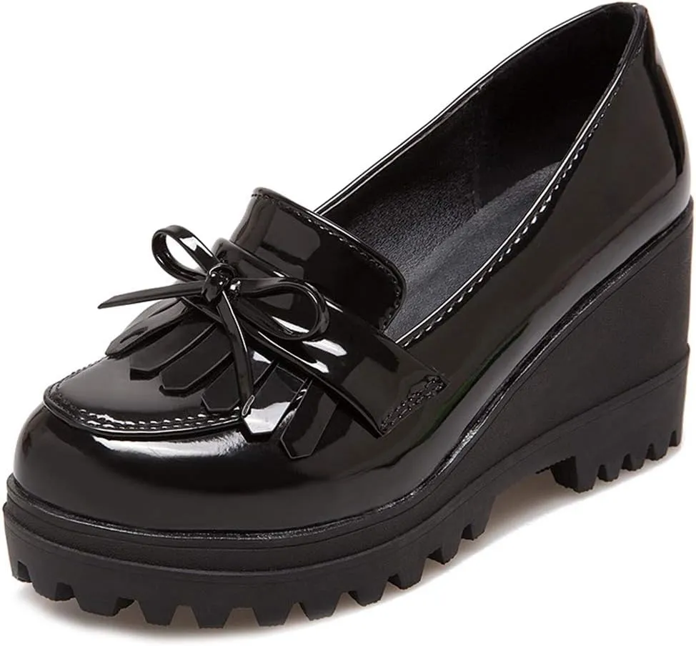 MIOKE Women's Platform Tassel Oxford Shoes Slip On Comfortable Chunky High Heel Fringed Dress Wedge Shoe